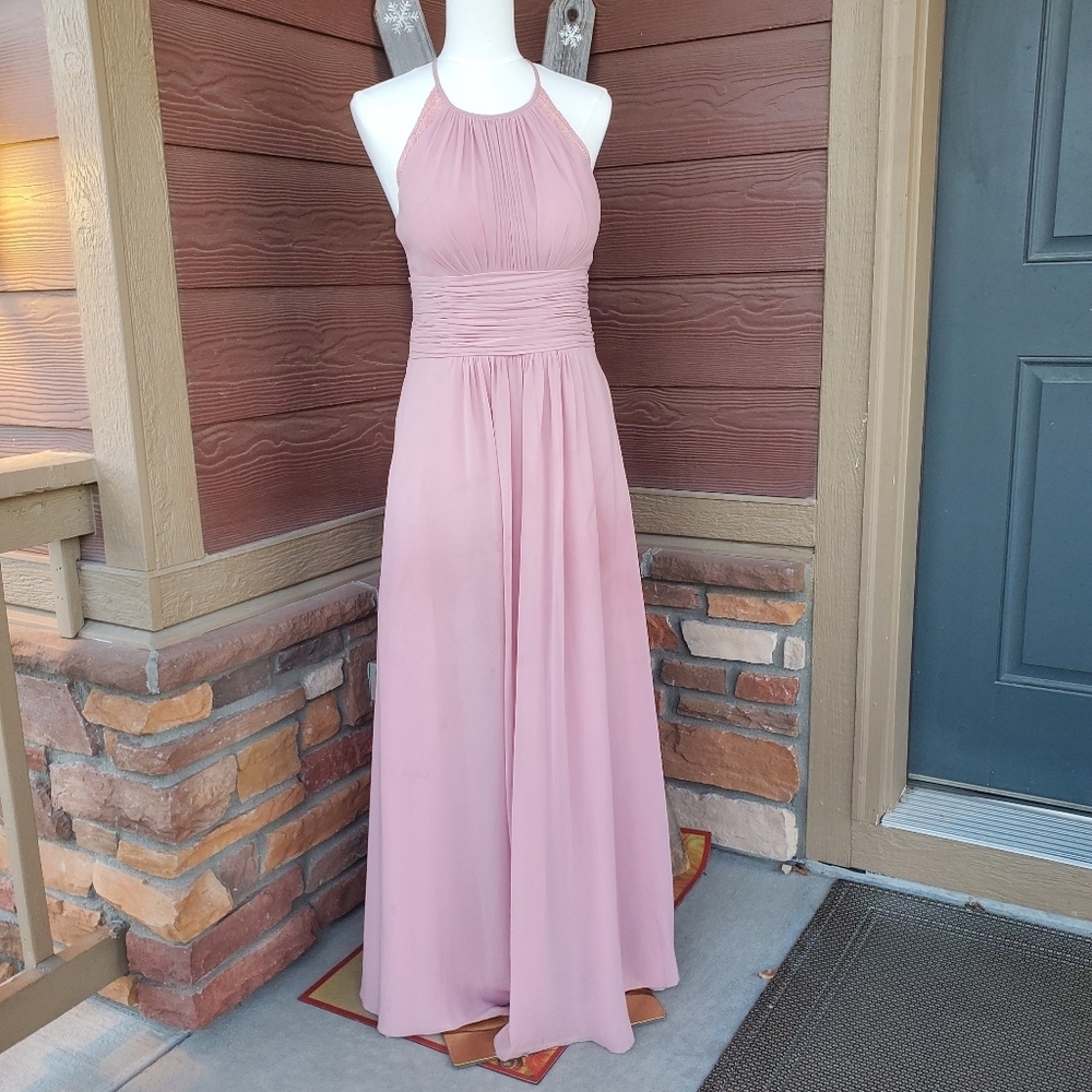 Azazie Blush Pink Full Length Chiffon Lace Halter Neck Bridesmaid Dress Sz Small